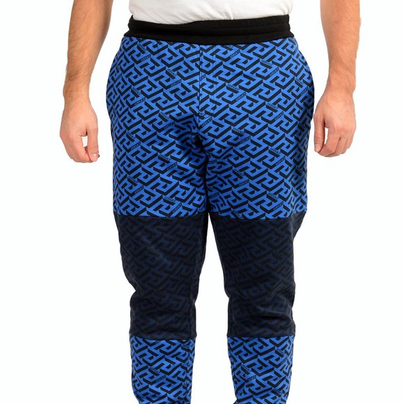Versace Pants - Versace Men's "Mitchel Fit" Navy Blue Greeca Print Fleece Track Sweat Pants